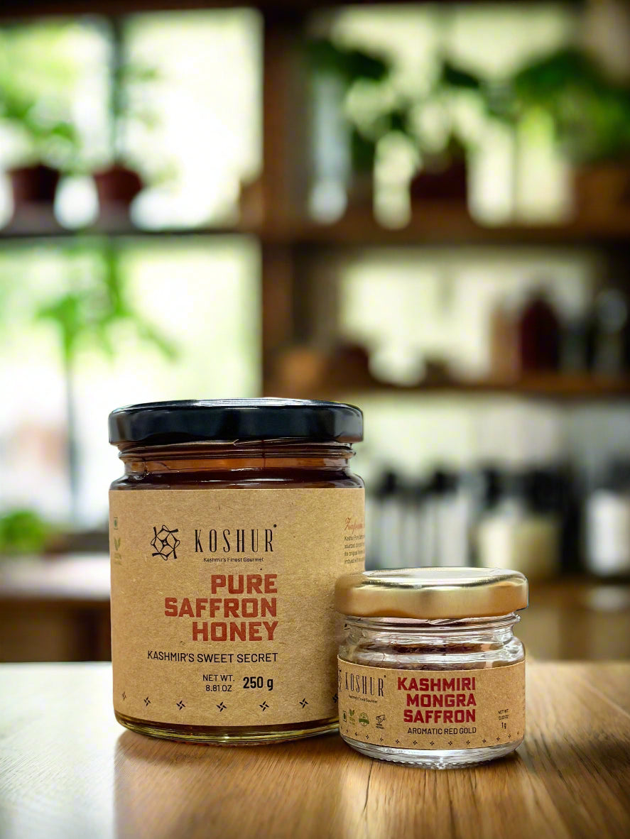 Koshur Saffron Infused White Honey and Mongra Saffron Combo - Kashmir Box