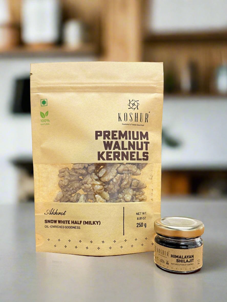 Koshur Walnut Kernels Snow White Half (Milky) and Shilajit Combo - Kashmir Box