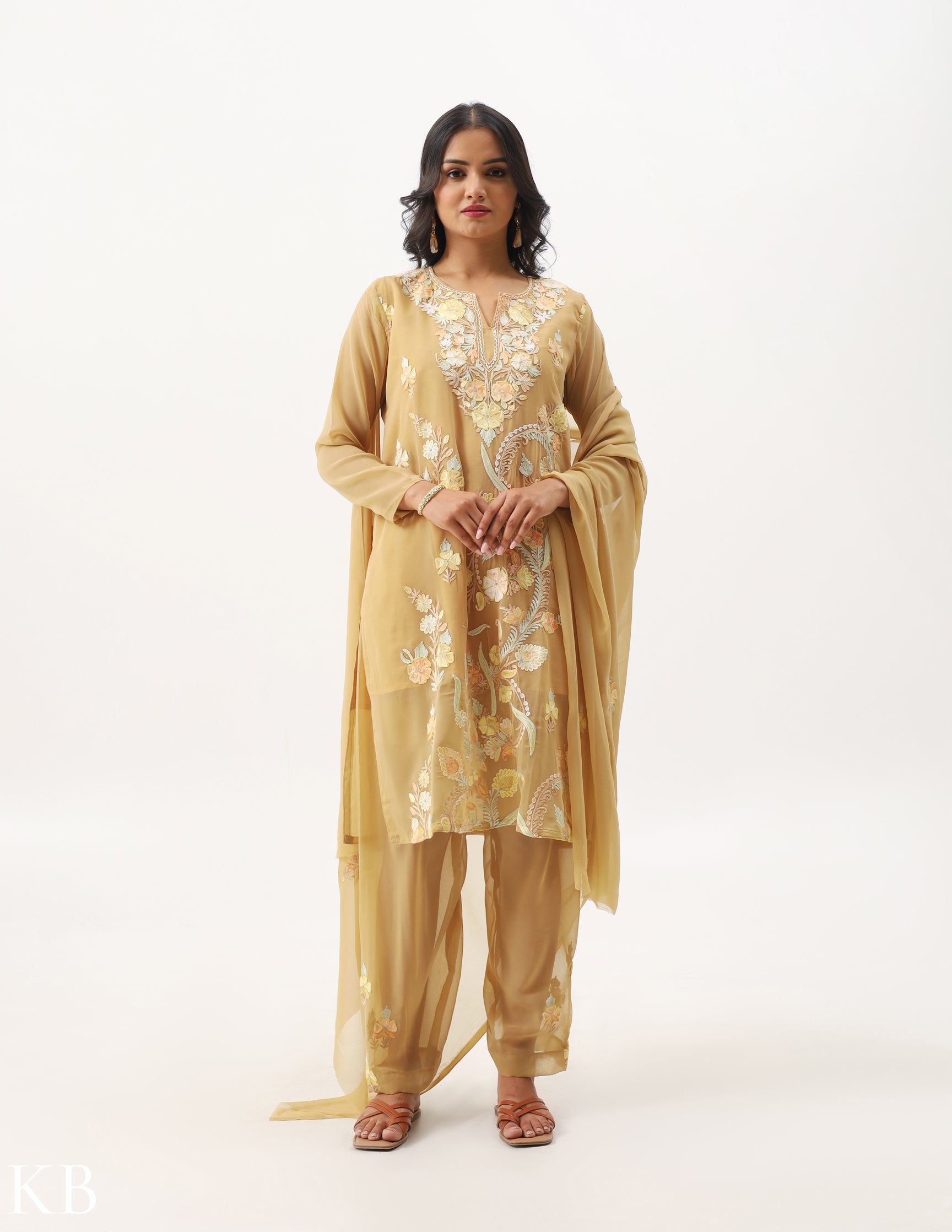 Khaki Beige Three-Piece Aari Work Georgette Suit - Kashmir Box