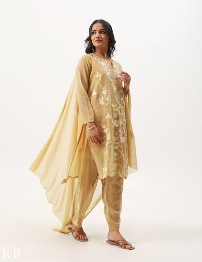 Khaki Beige Three-Piece Aari Work Georgette Suit - Kashmir Box