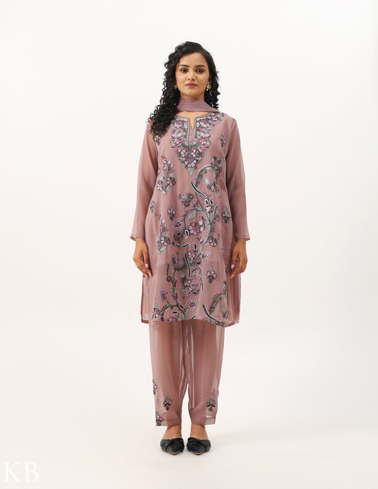 Rosy Brown Embroidered Three-piece Georgette  Suit - Kashmir Box