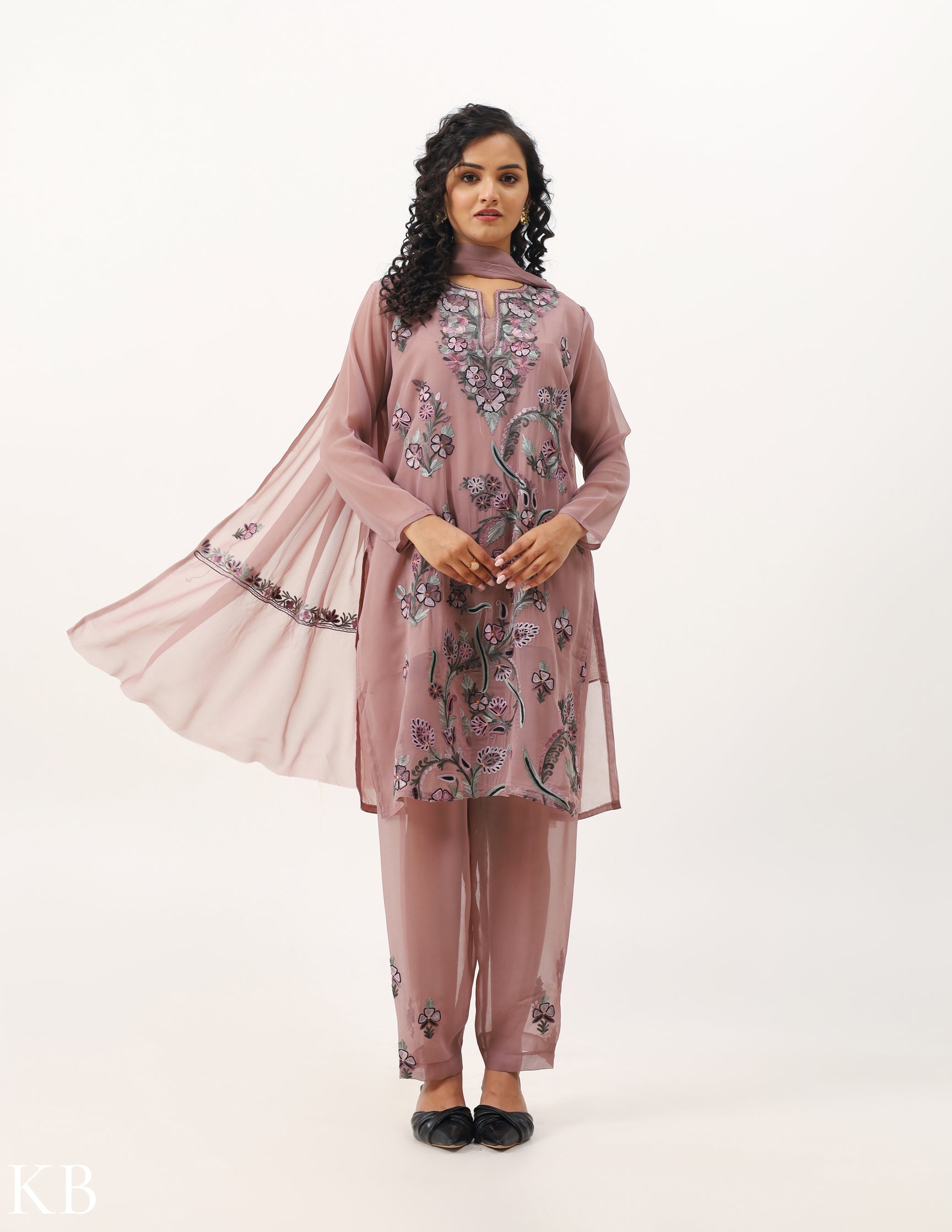 Rosy Brown Embroidered Three-piece Georgette Suit - Kashmir Box