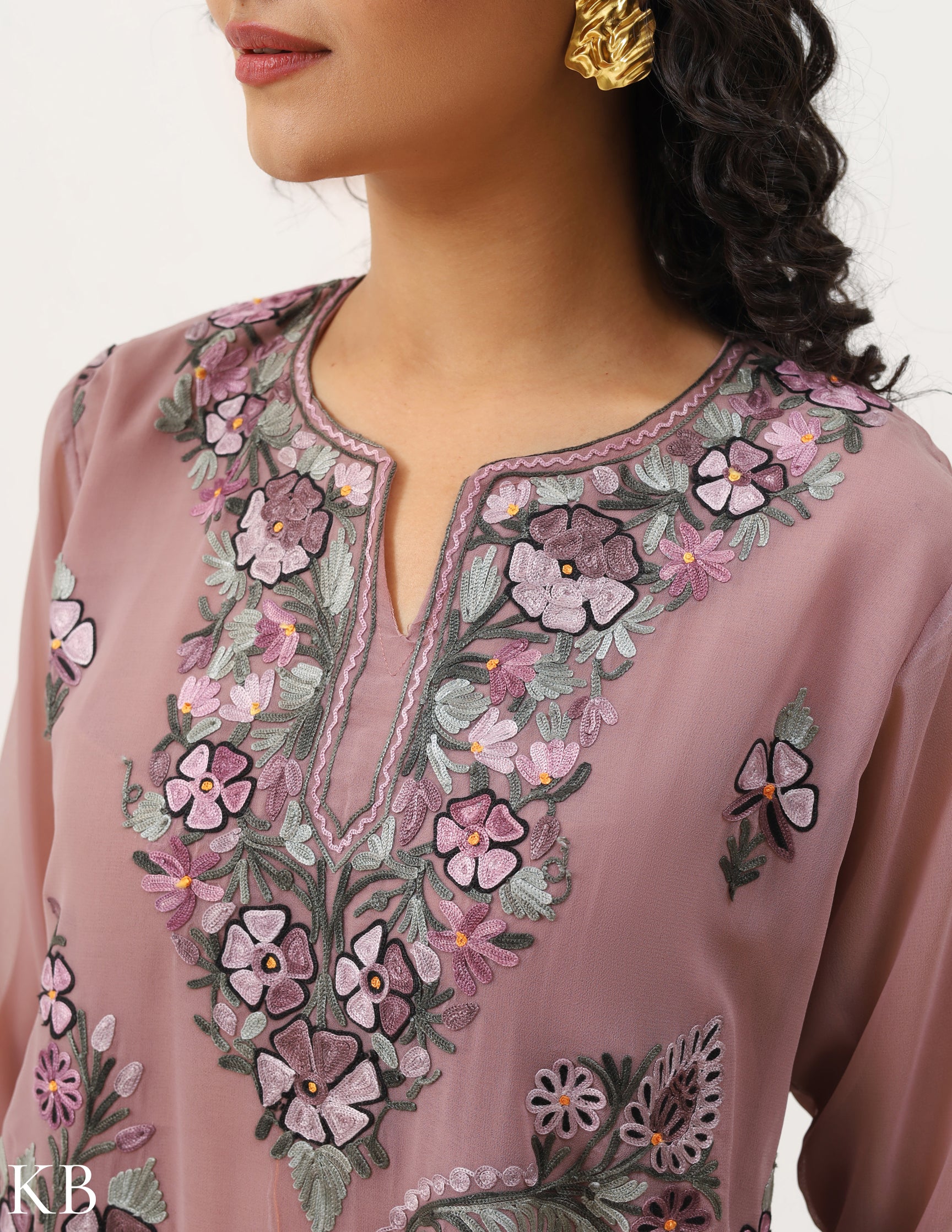 Rosy Brown Embroidered Three-piece Georgette  Suit - Kashmir Box