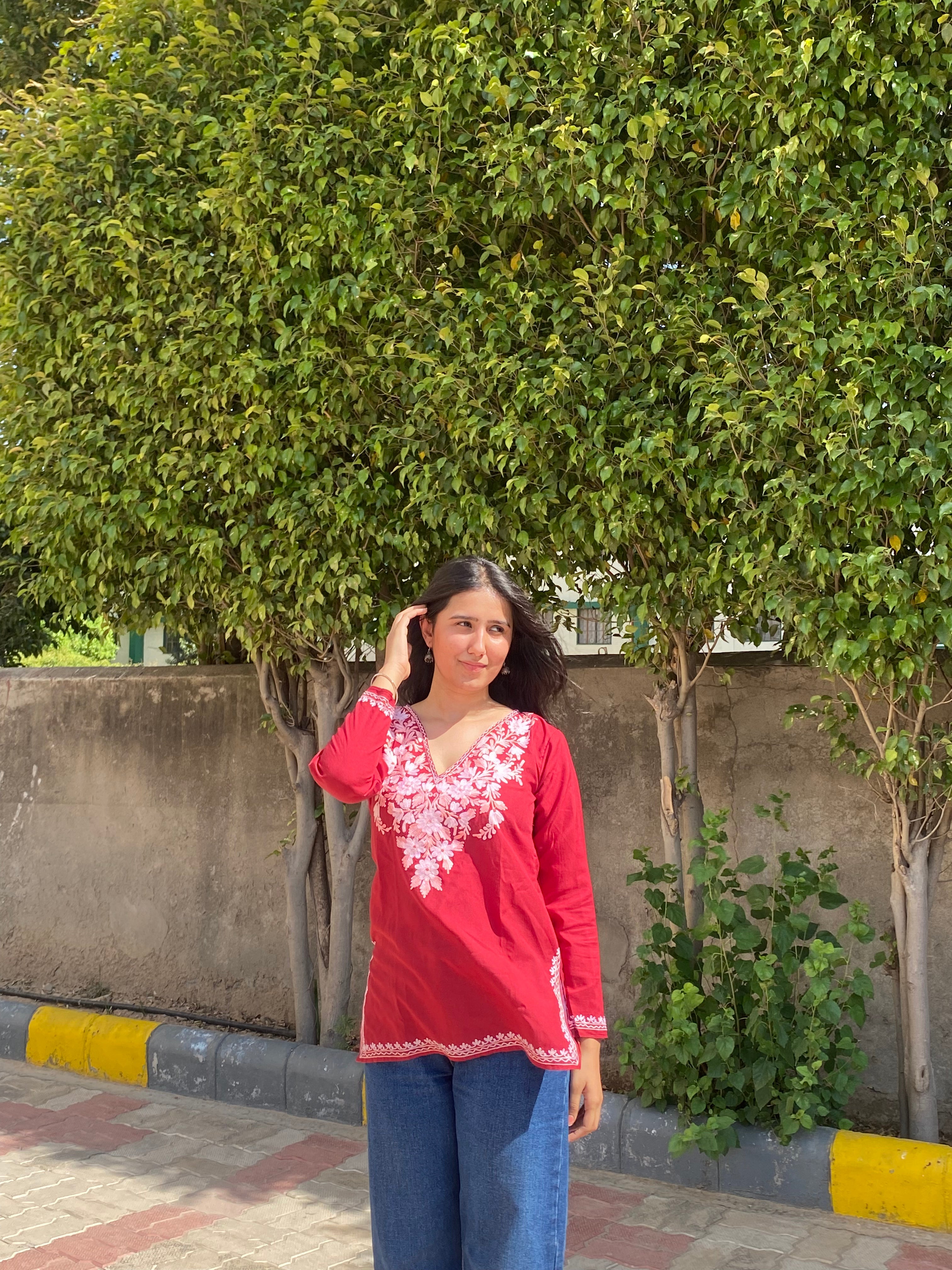 Blush Aari Embroidery Maroon Cotton Top - Kashmir Box