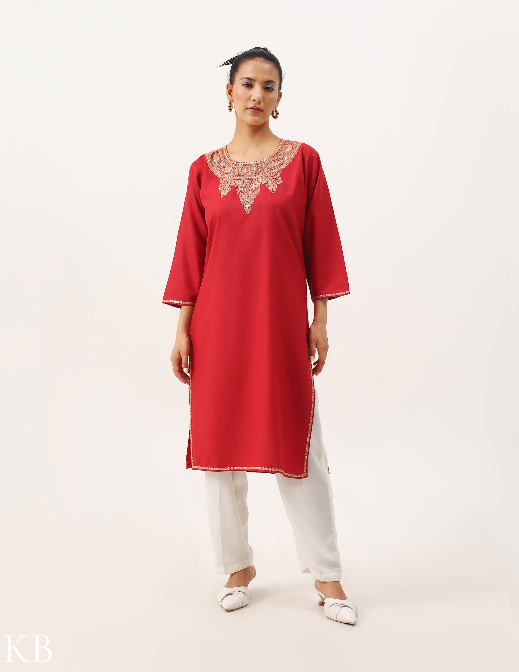 Crimson Red Cotton Tilla Embellished Kurti - Kashmir Box