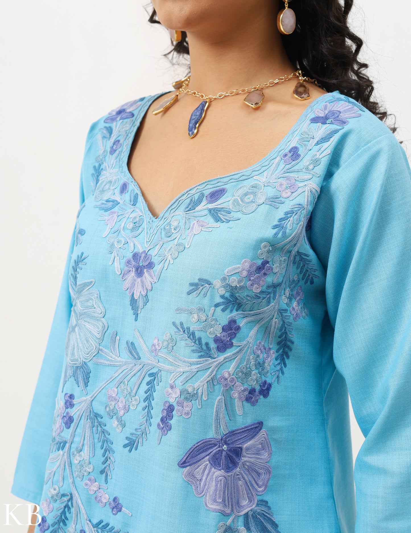 Sky Blue Cotton Embroidered Summer Suit - Kashmir Box