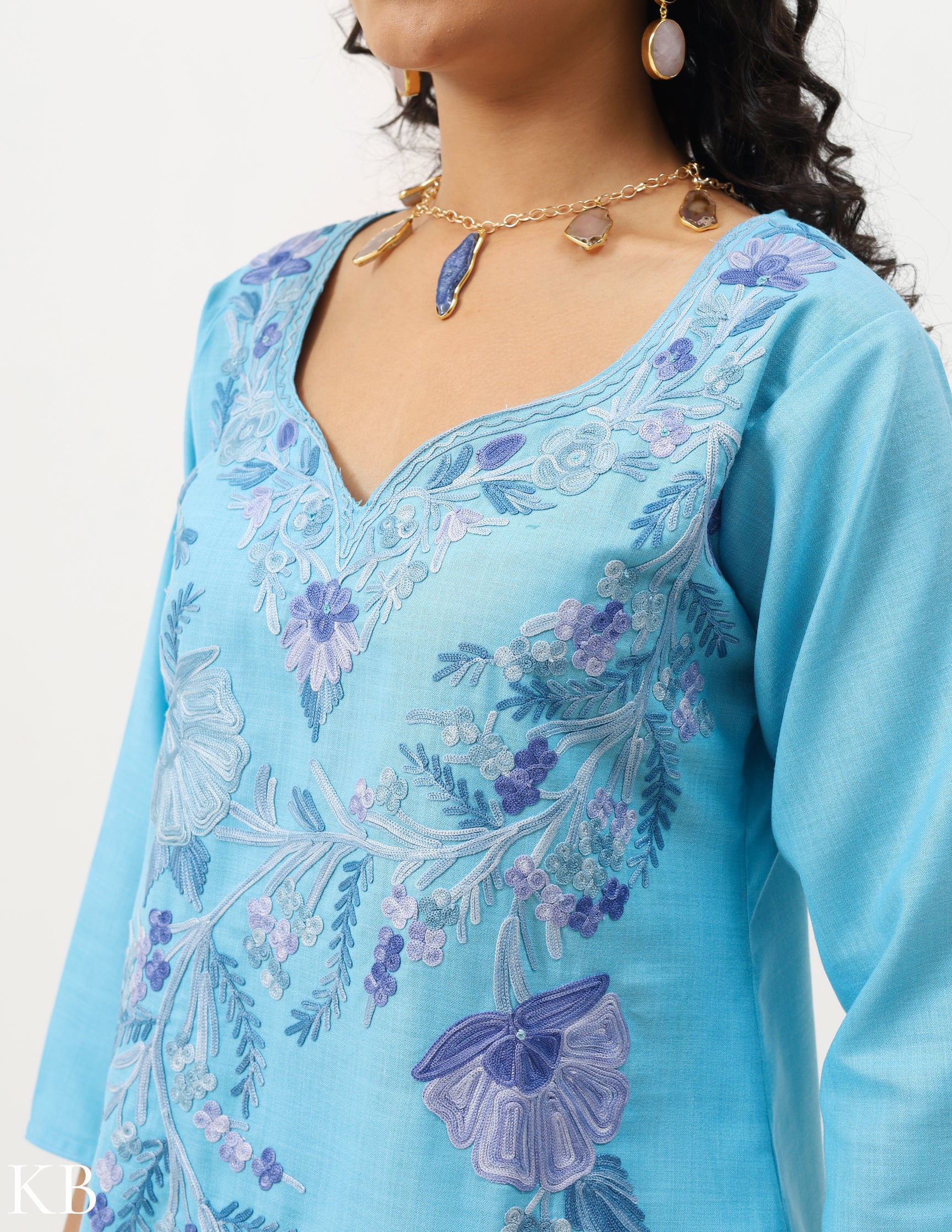 Sky Blue Cotton Embroidered Summer Suit - Kashmir Box