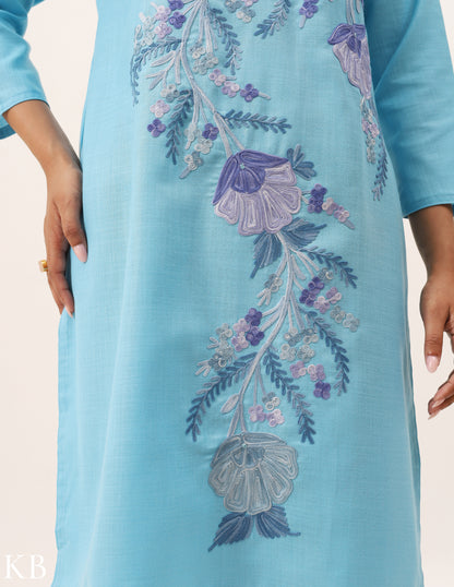Sky Blue Cotton Embroidered Summer Suit - Kashmir Box
