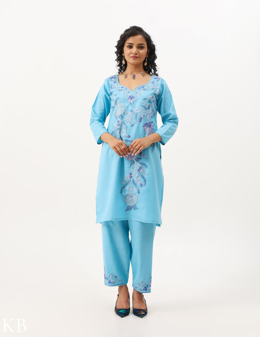 Sky Blue Cotton Embroidered Summer Suit