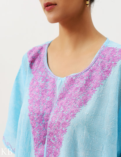 Soft Blue Aari Embellished Cotton Kaftan - Kashmir Box