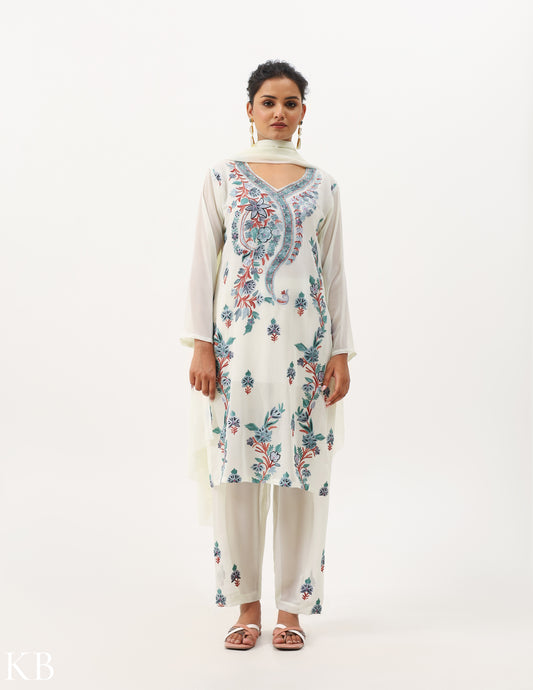 Creamy White Embroidered Three-Piece Georgette Suit