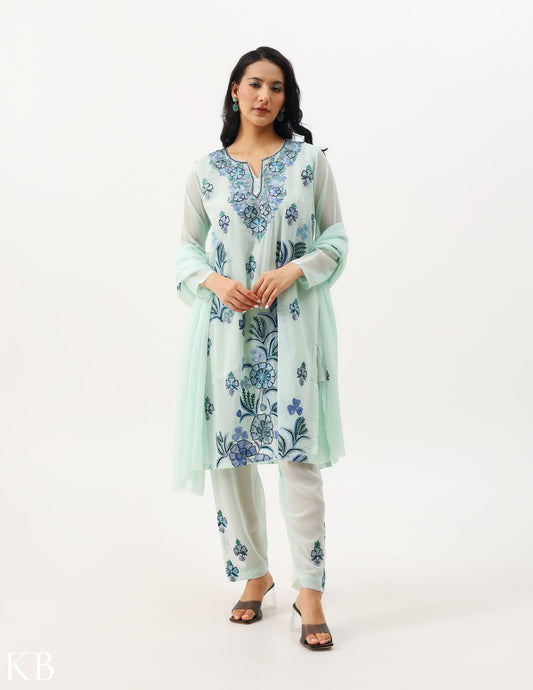 Misty Aqua-Green Three-Piece Embroidered Suit