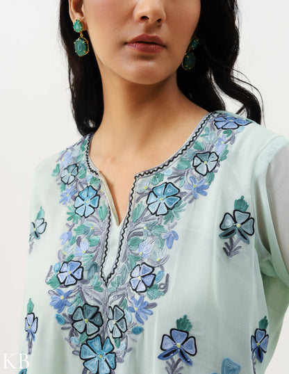 Misty Aqua-Green Three-Piece Embroidered Suit - Kashmir Box