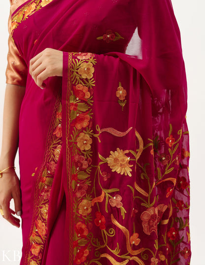Magenta Georgette Aari Embroidered Saree - Kashmir Box