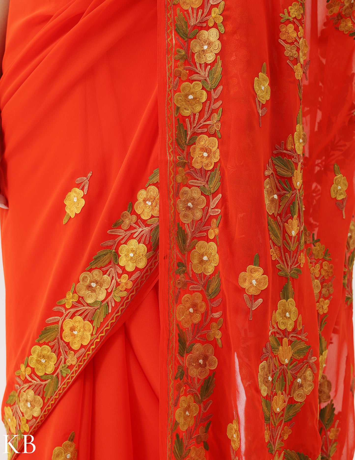 Mandarin Orange Floral Embroidered Georgette Saree - Kashmir Box