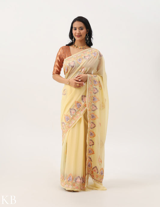 Gold Buff Georgette Saree with Aari Patterns