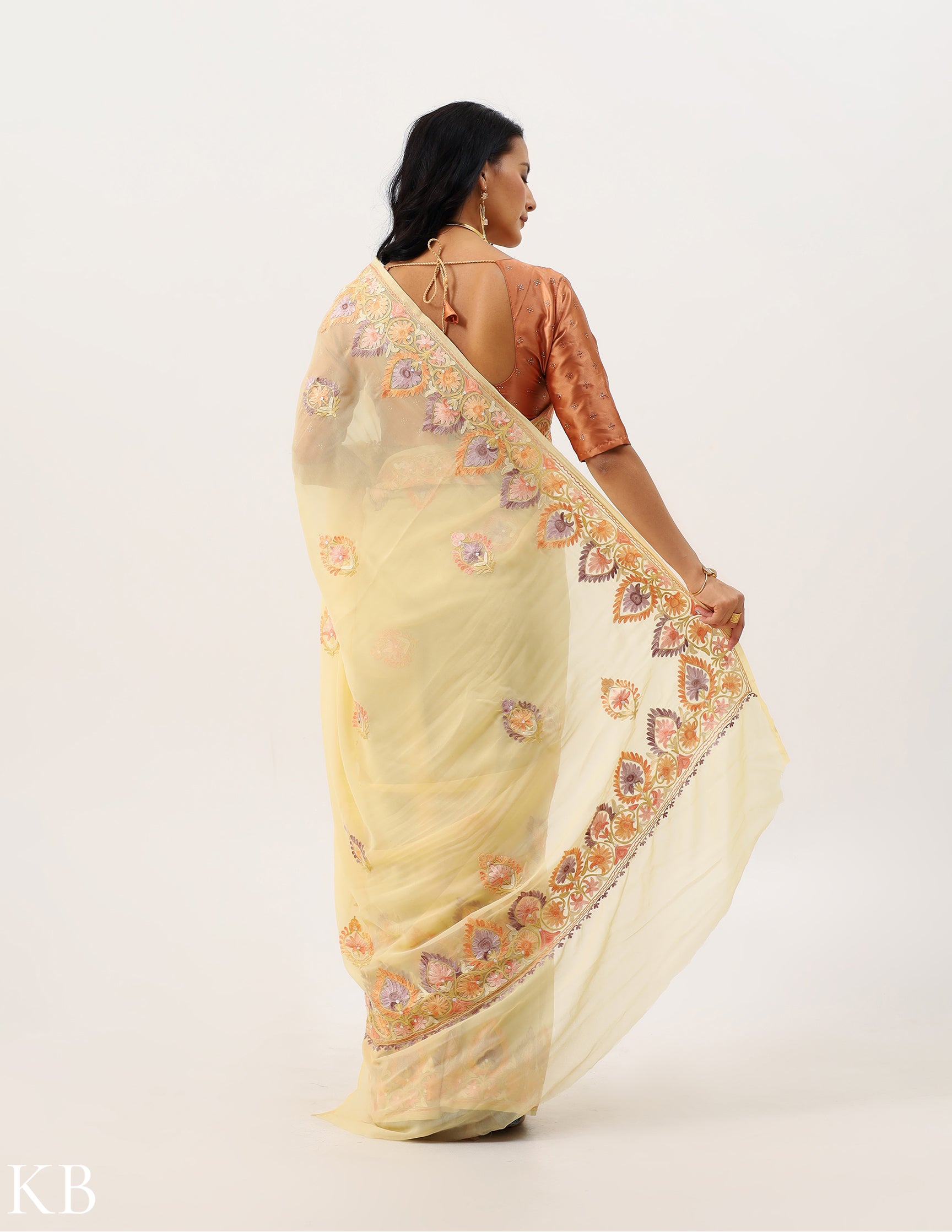 Gold Buff Georgette Saree with Aari Patterns - Kashmir Box