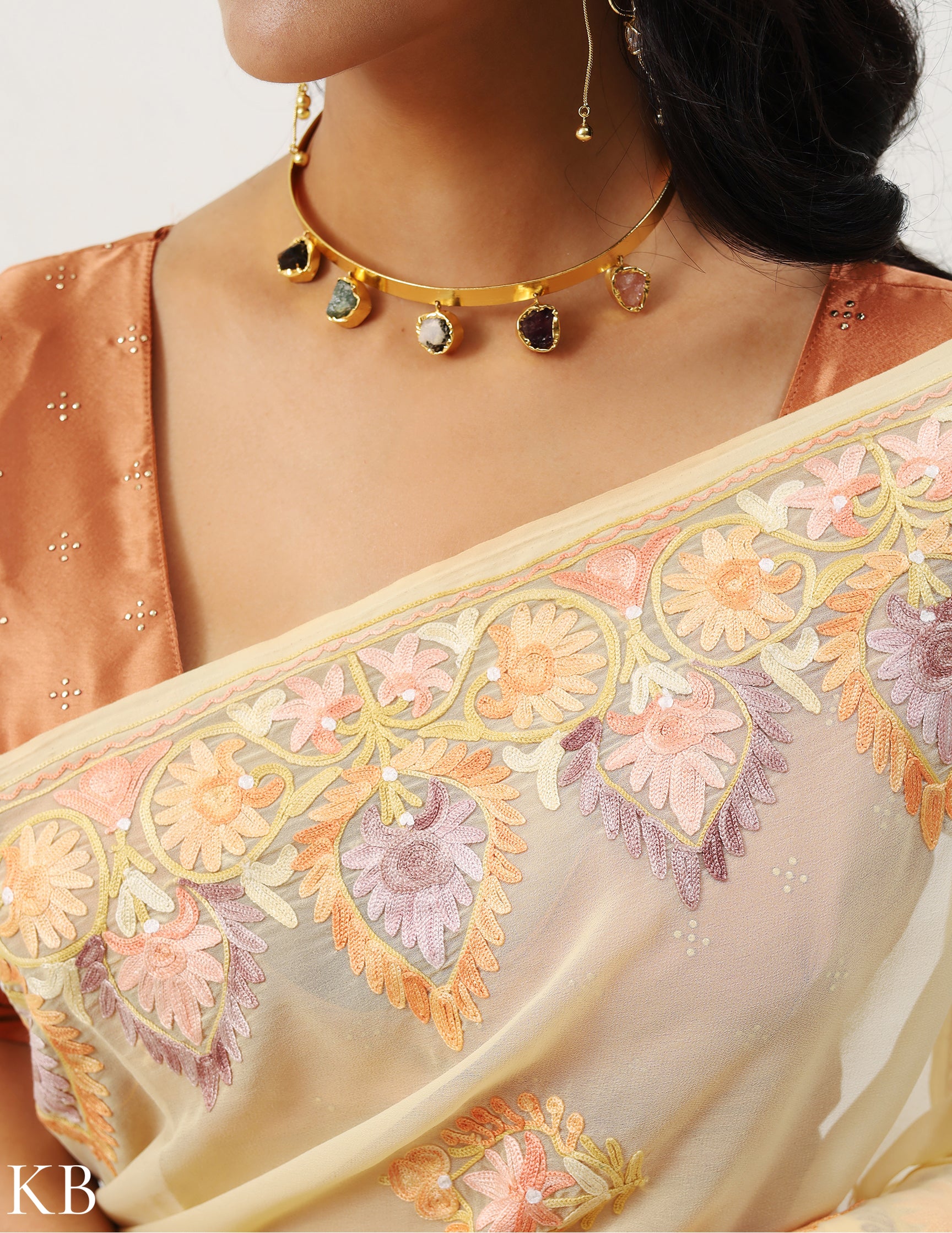 Gold Buff Georgette Saree with Aari Patterns - Kashmir Box