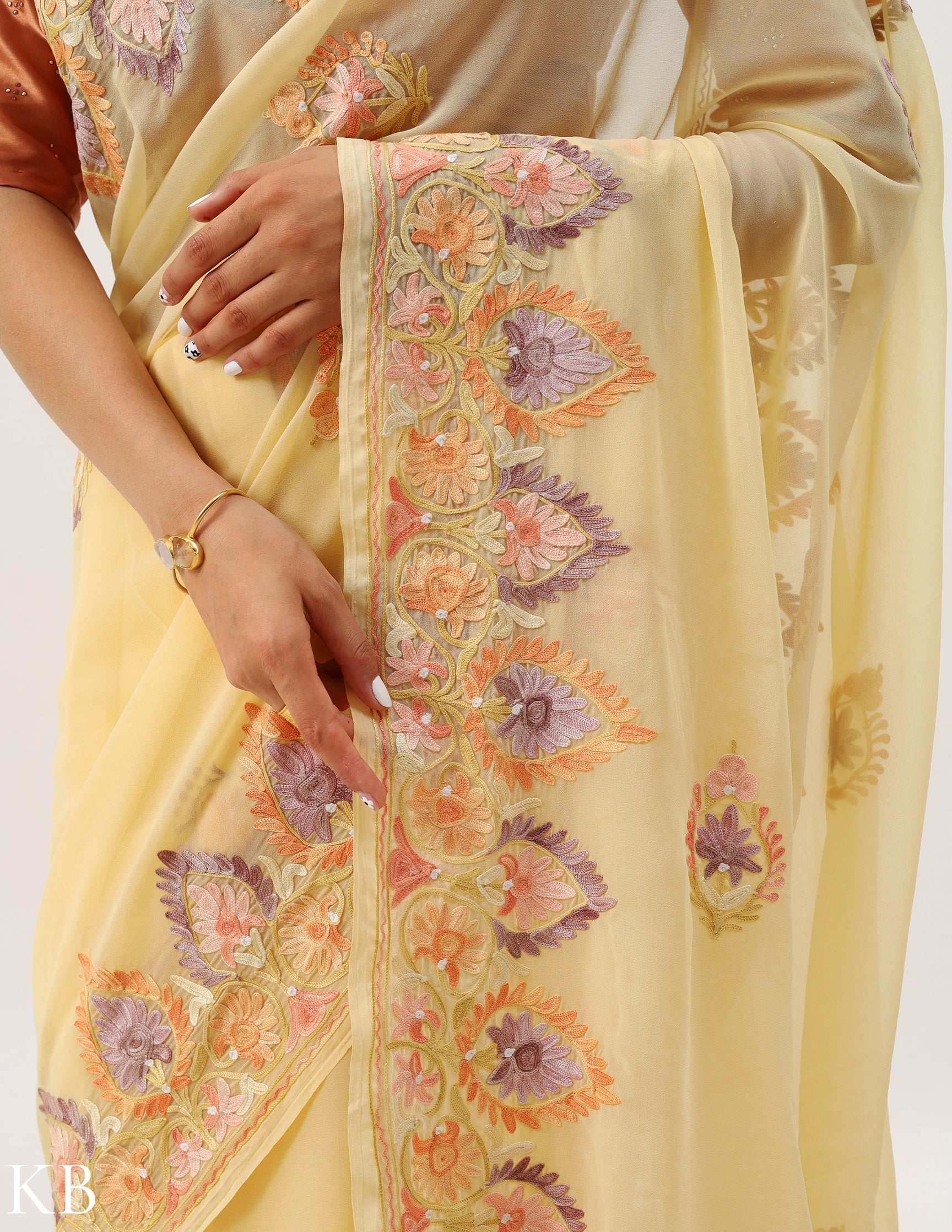 Gold Buff Georgette Saree with Aari Patterns - Kashmir Box