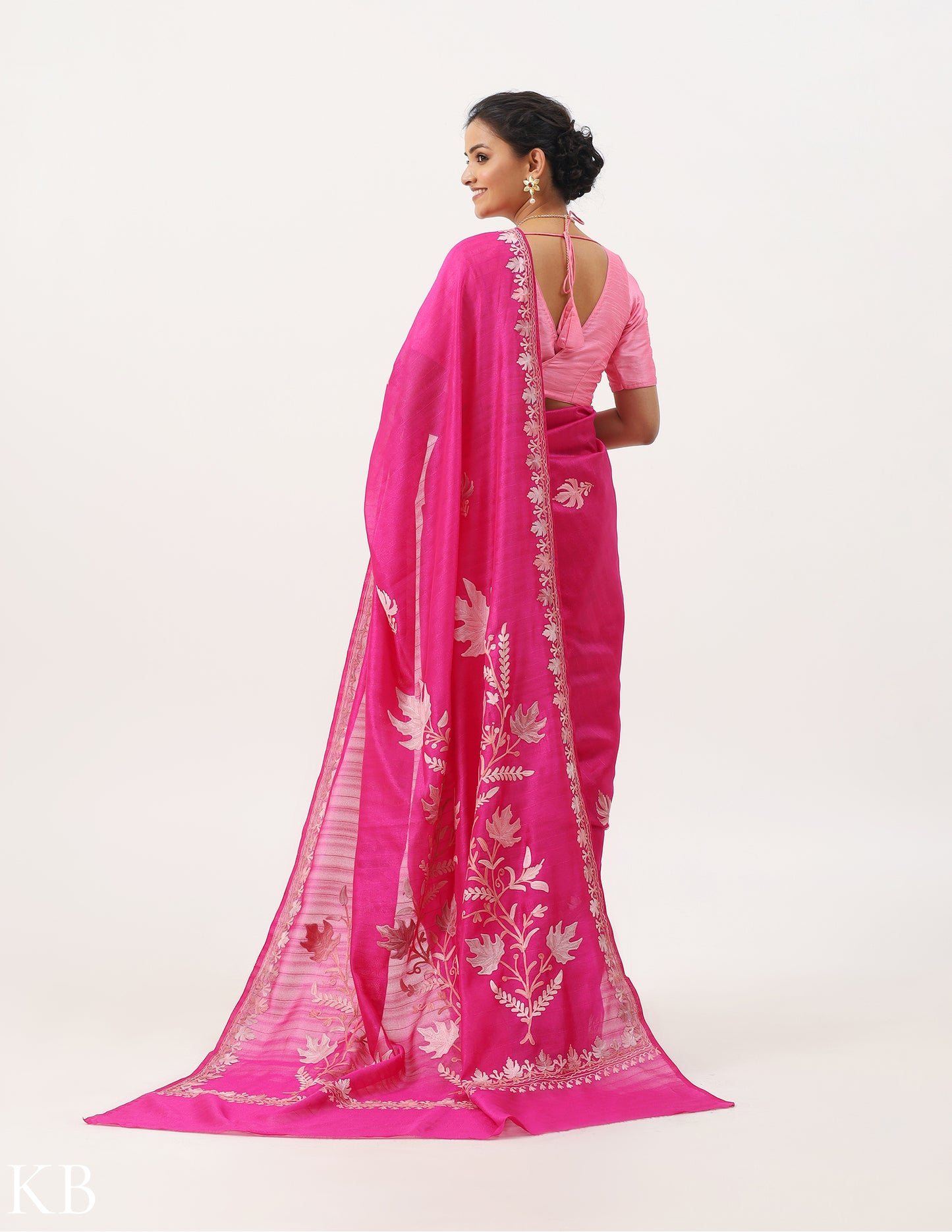 Royal Pink Chinar Aari Work Silk Saree - Kashmir Box