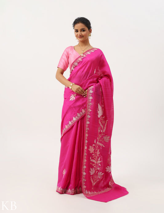Royal Pink Chinar Aari Work Silk Saree