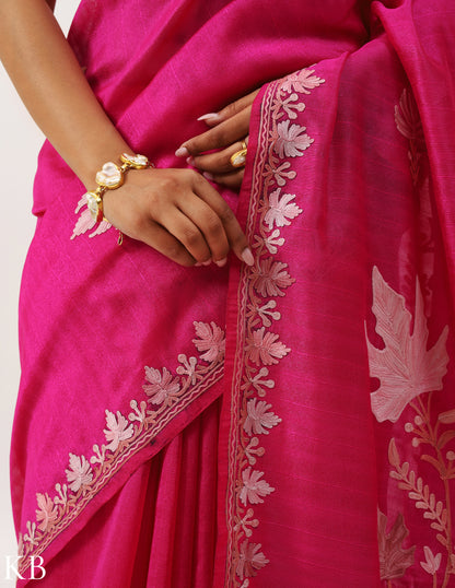 Royal Pink Chinar Aari Work Silk Saree - Kashmir Box
