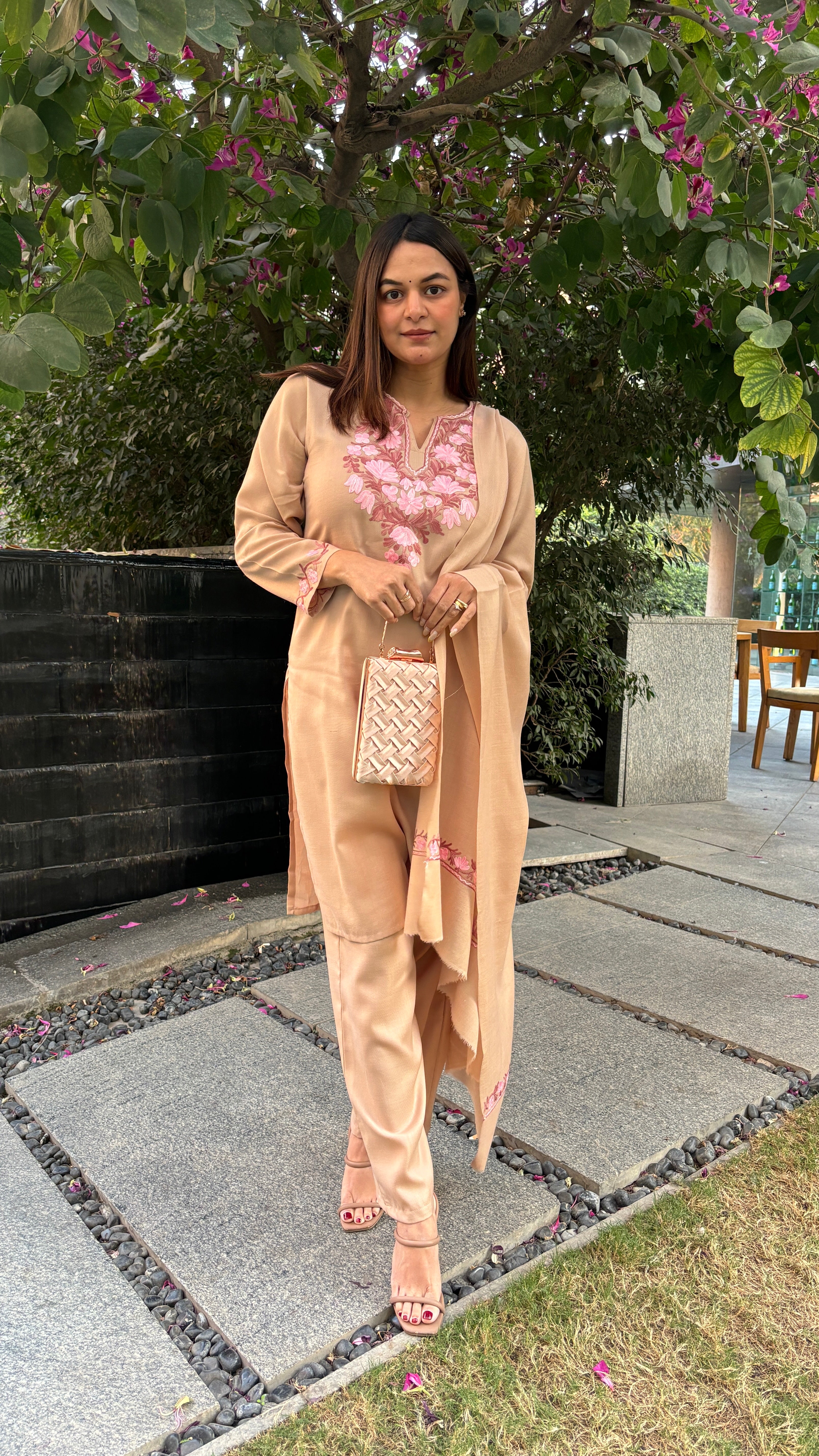 meHER Latte Brown Kashmiri Aari Woollen Co-ord Set - Kashmir Box