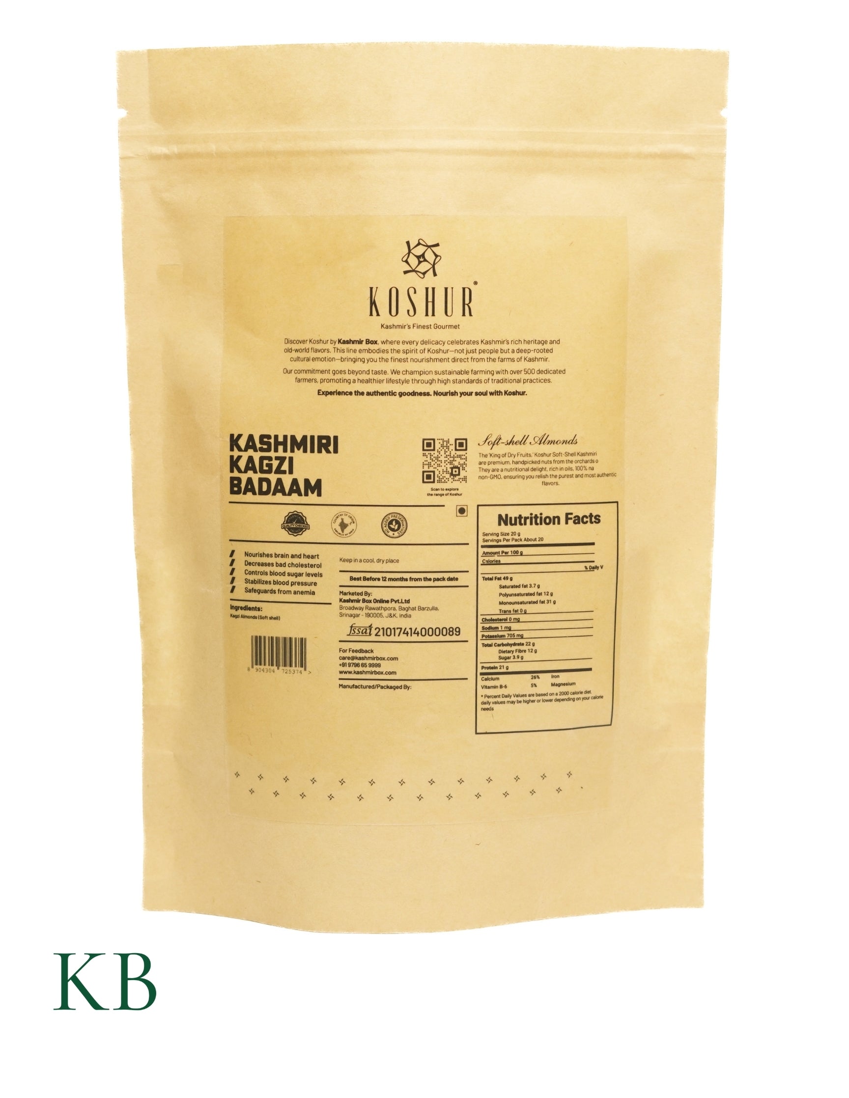 Koshur - Kagzi Badaam | Soft-Shell Kashmiri Almonds | Protein Rich | High in Natural Oils | Nuts & Dry Fruits - Kashmir Box