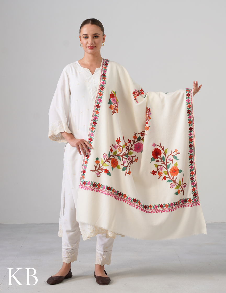 White Aari Work Cashmilon Shawl - Kashmir Box
