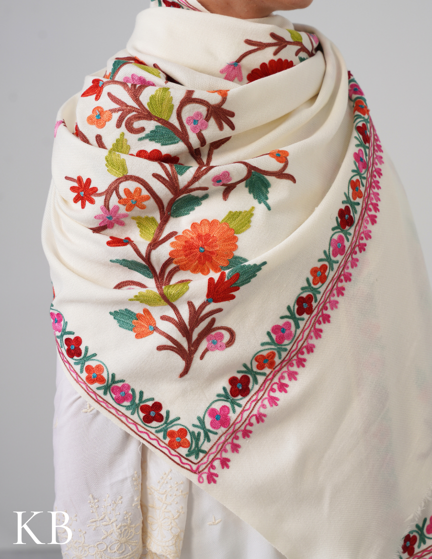 White Aari Work Cashmilon Shawl - Kashmir Box