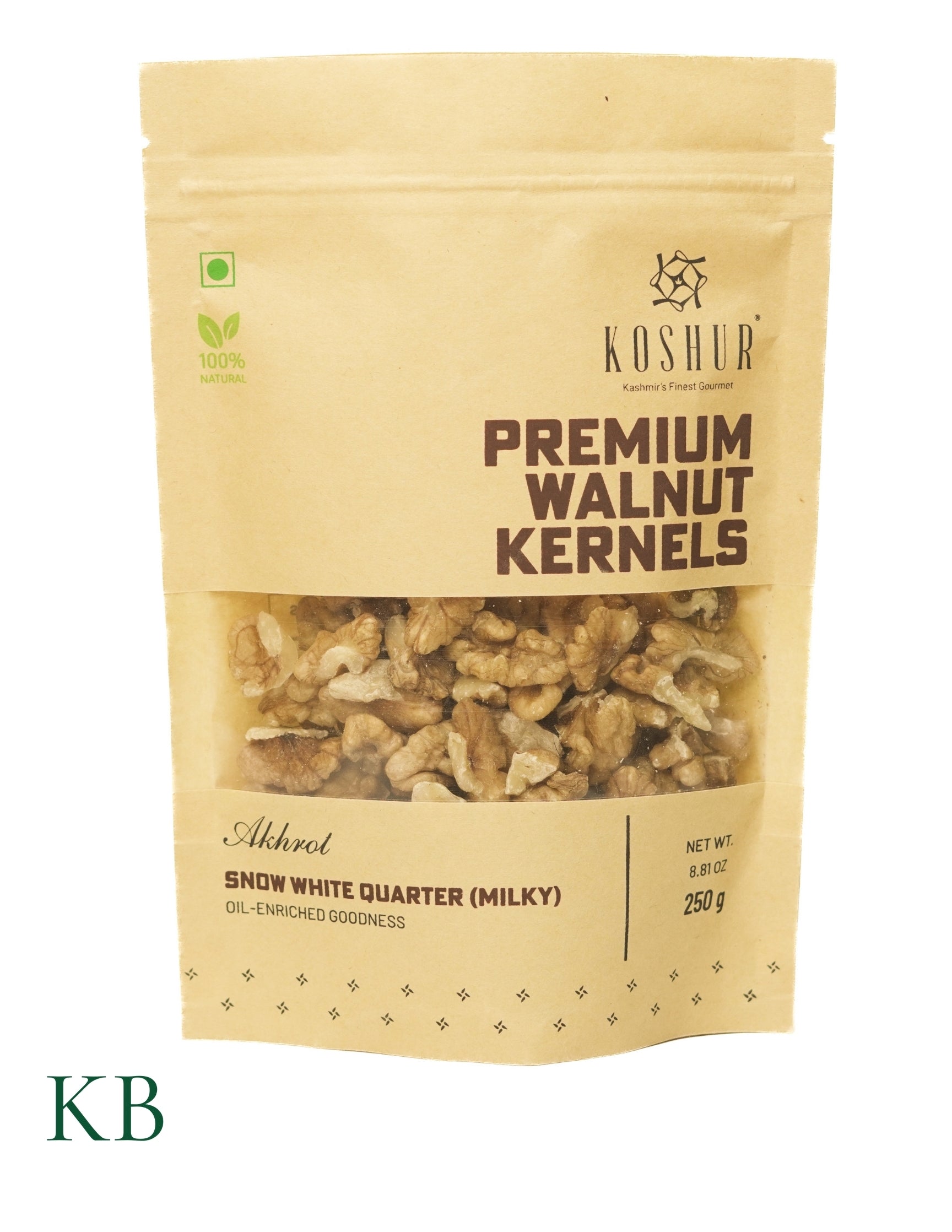 Koshur - Premium Walnut Kernels | Snow White Quarter (Milky) | Akhrot | Kashmiri Walnuts | Walnuts Without Shell | Dried Walnut Kernels | High in Natural Oils | Omega-3 Vegan | Good for Brain Nuts & Dry Fruits - Kashmir Box