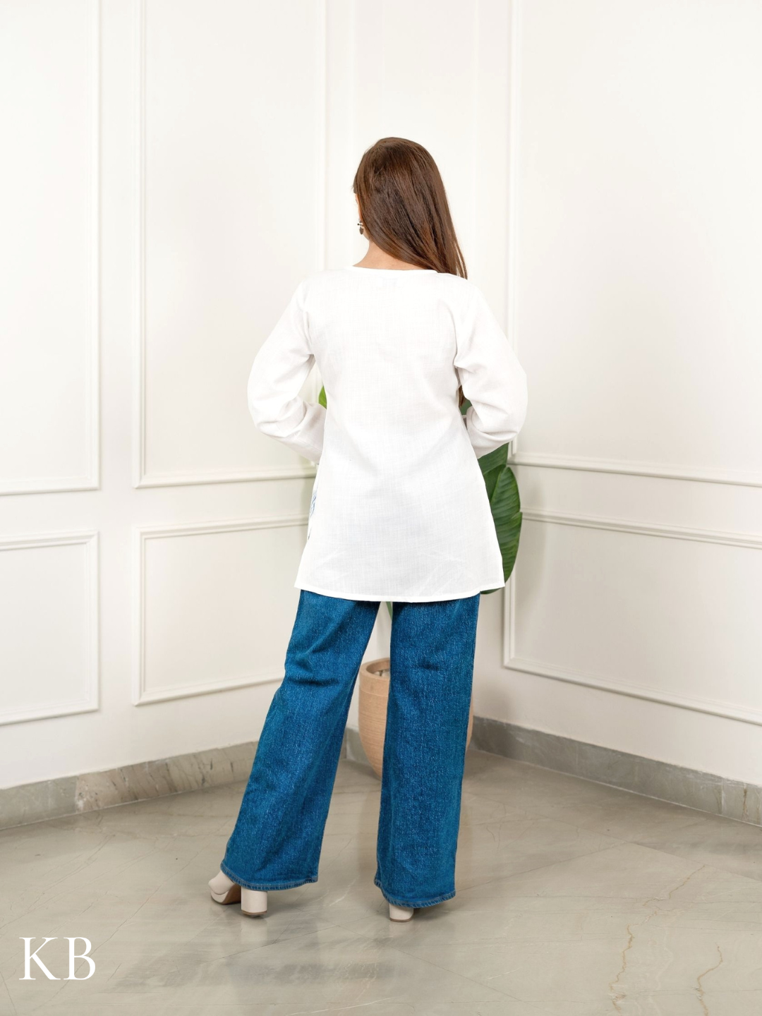 Crimson White Embroidered Short Kurti for Women - Cotton Aari Work - Kashmir Box