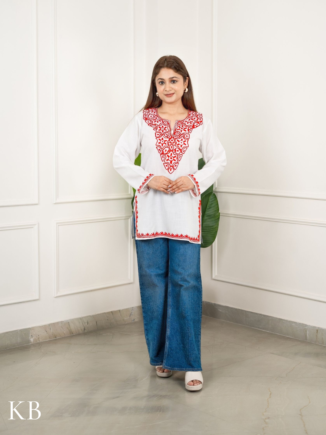 Crimson White Embroidered Short Kurti for Women - Cotton Aari Work - Kashmir Box