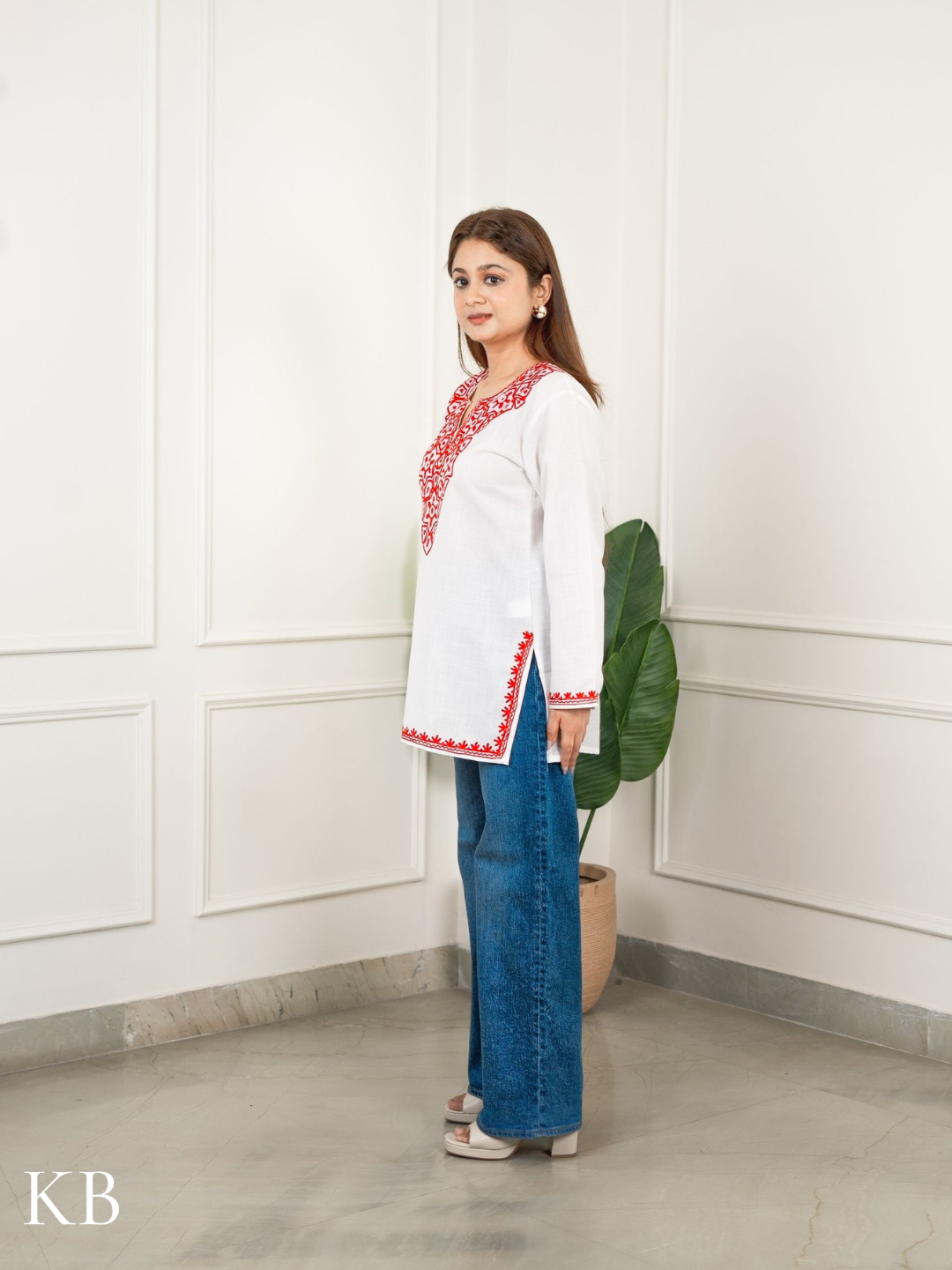 Crimson White Embroidered Short Kurti for Women - Cotton Aari Work - Kashmir Box