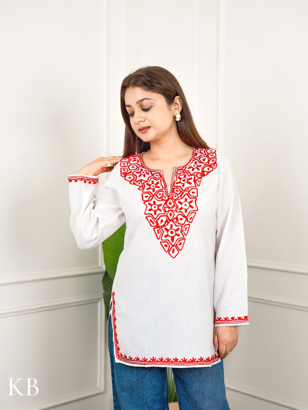 Crimson White Embroidered Short Kurti for Women - Cotton Aari Work - Kashmir Box