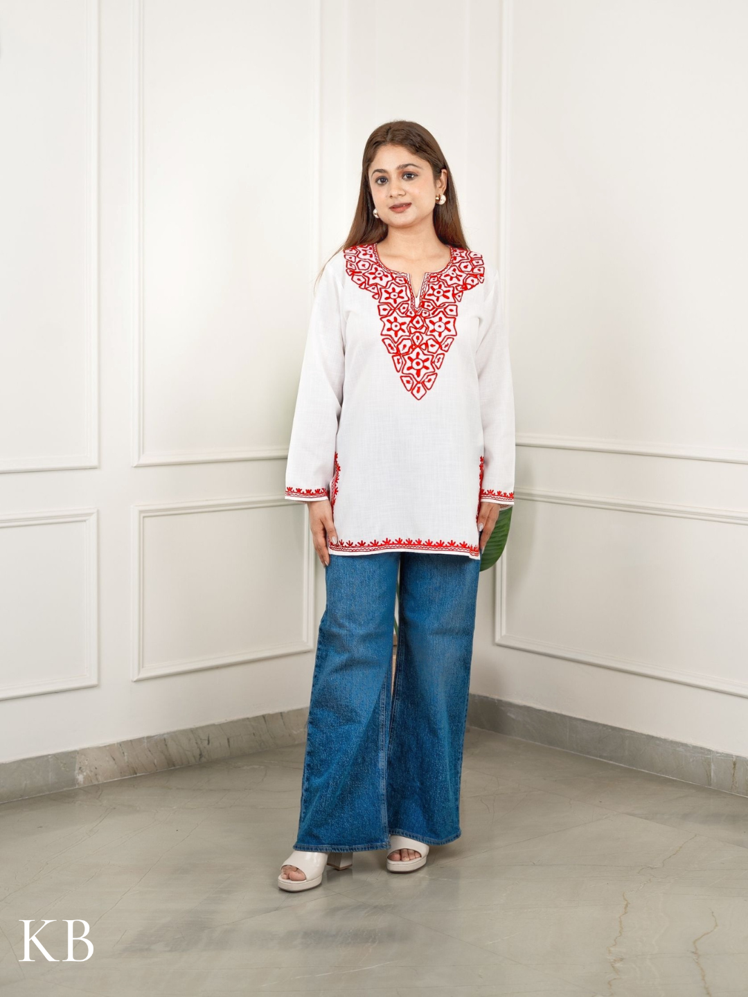 Crimson White Embroidered Short Kurti for Women - Cotton Aari Work - Kashmir Box