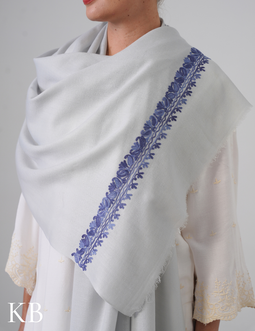 Water Grey Woollen Stole with Greyish Blue Aari Embroidery | Subtle Everyday Elegance - Kashmir Box