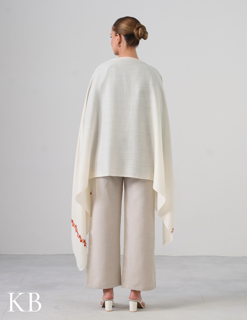 White Woollen Stole with Rust Orange Aari Embroidery | Minimal & Timeless - Kashmir Box