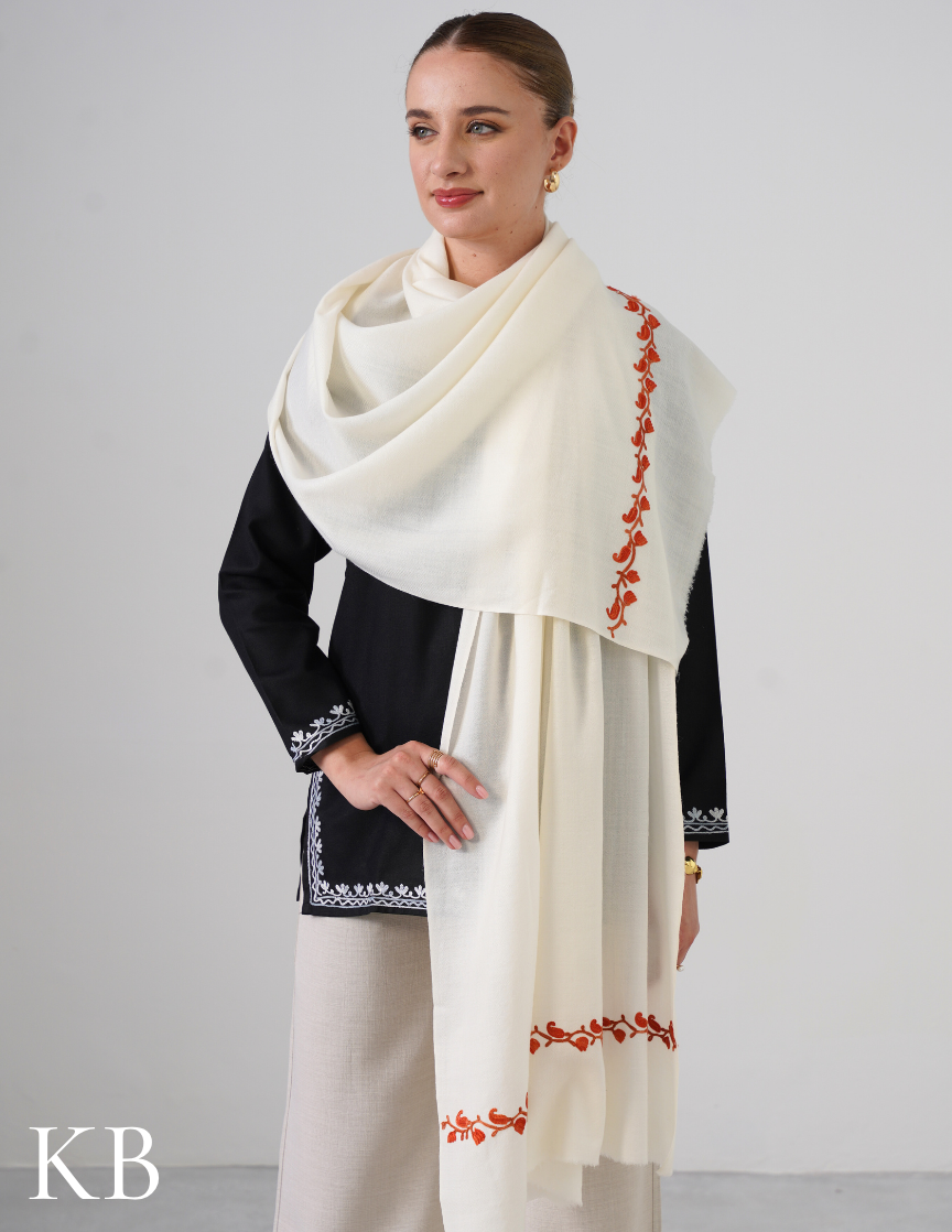 White Woollen Stole with Rust Orange Aari Embroidery | Minimal & Timeless - Kashmir Box