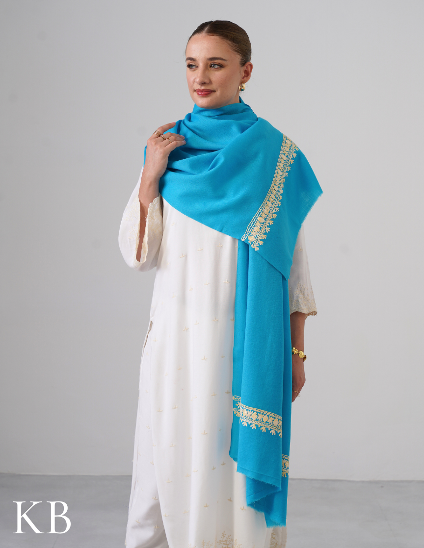 Sky Blue Woollen Stole with Butter Cream Aari Embroidery | Calm Winter Layer - Kashmir Box