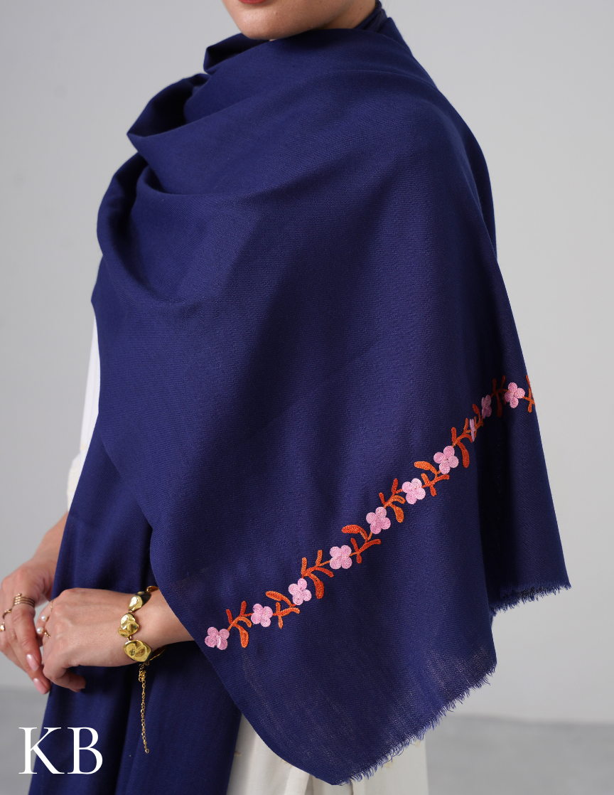 Navy Blue Woollen Stole with Pink & Rust Aari Embroidery | Refined Winter Layer - Kashmir Box
