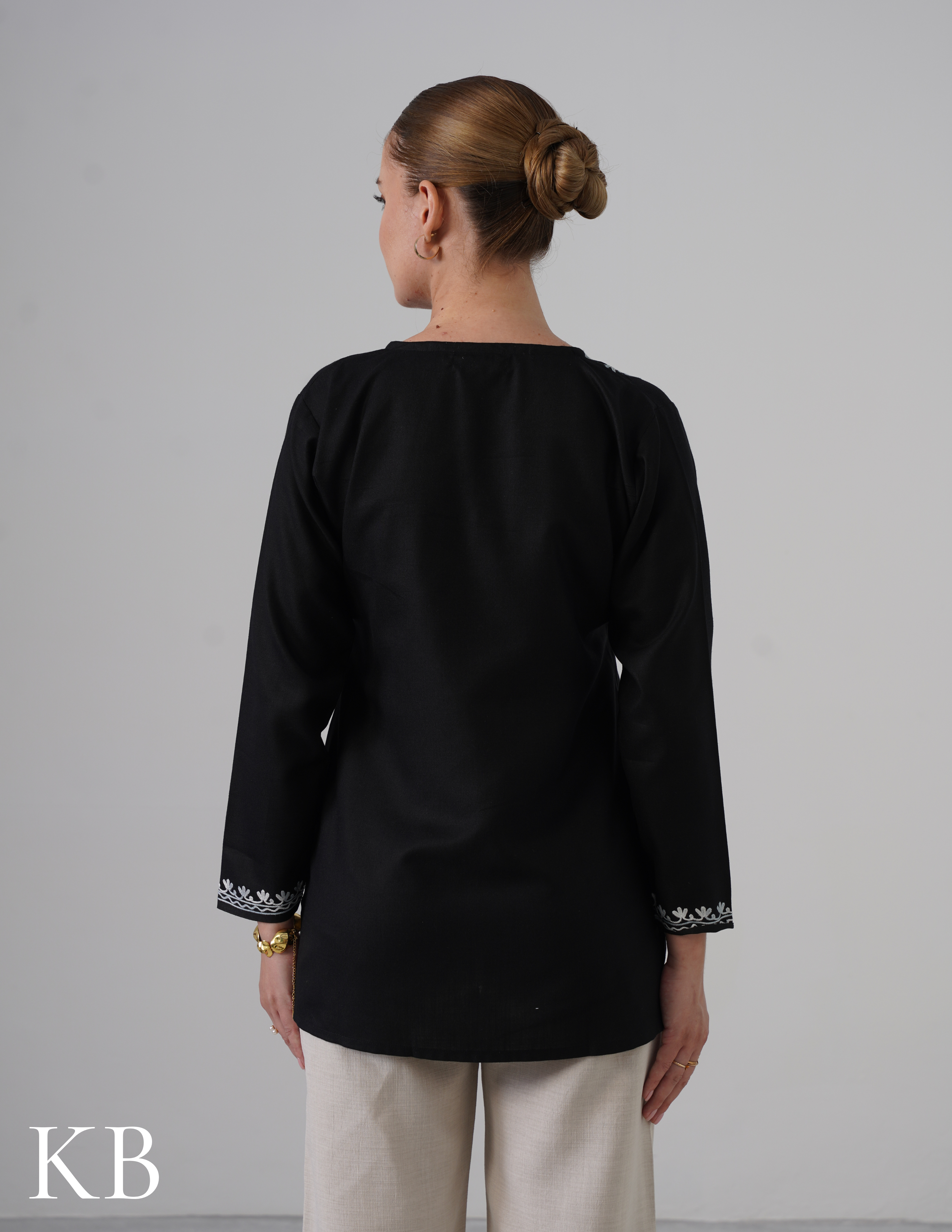 Black Embroidered Short Kurti for Women - Cotton Aari Work - Kashmir Box