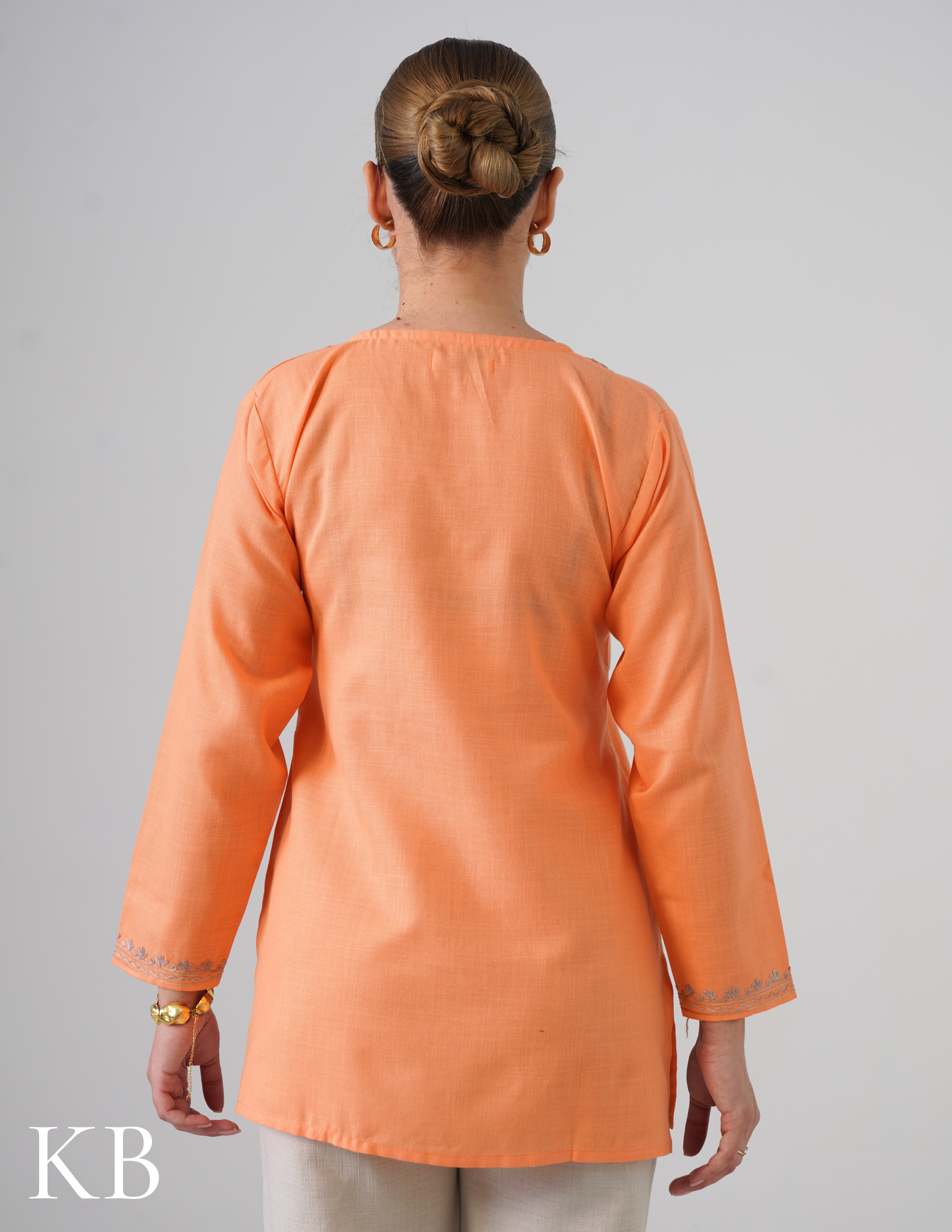 Peach Embroidered Short Kurti for Women - Cotton Aari Work - Kashmir Box