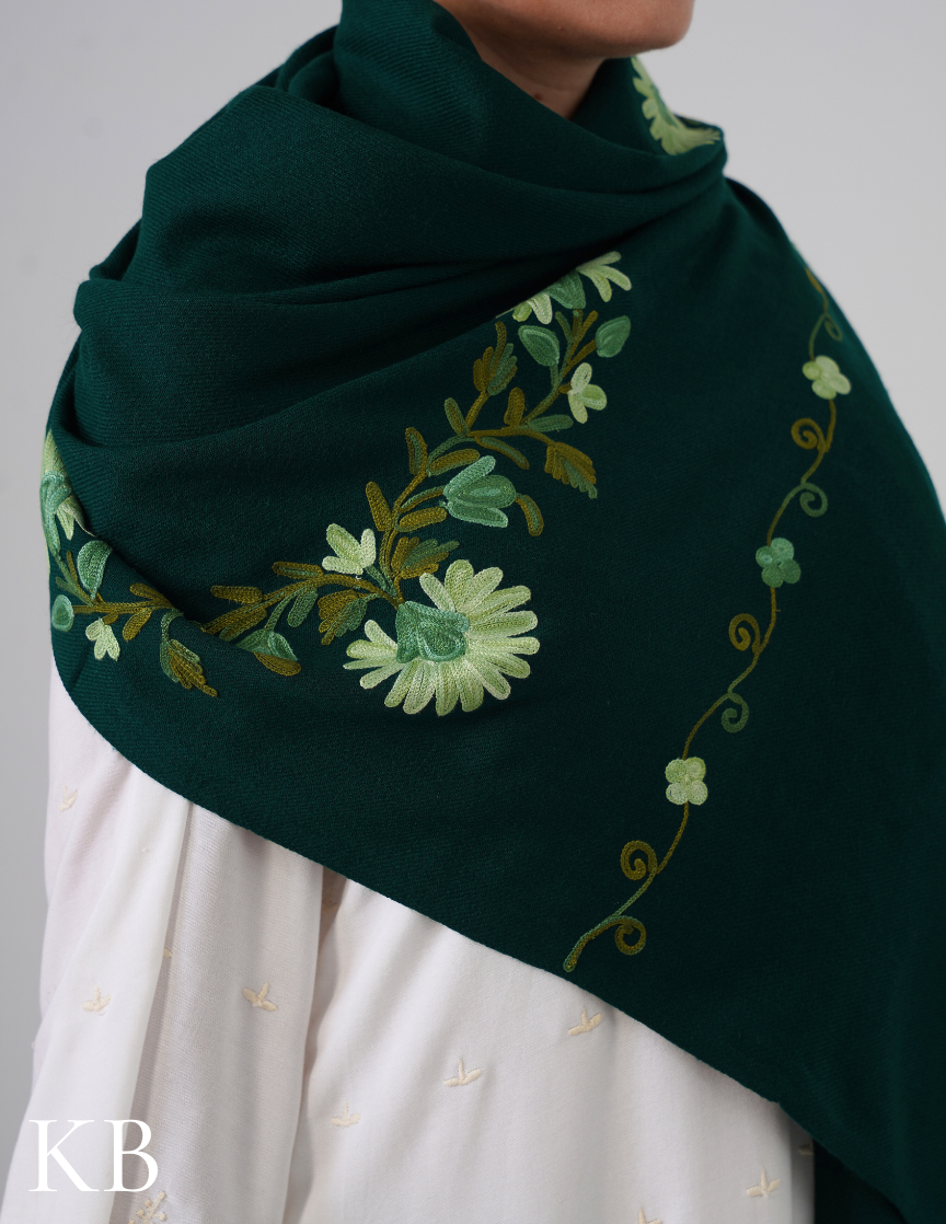Avocado Green Woollen Stole with Pastel Aari Embroidery | Everyday Kashmiri Craft - Kashmir Box
