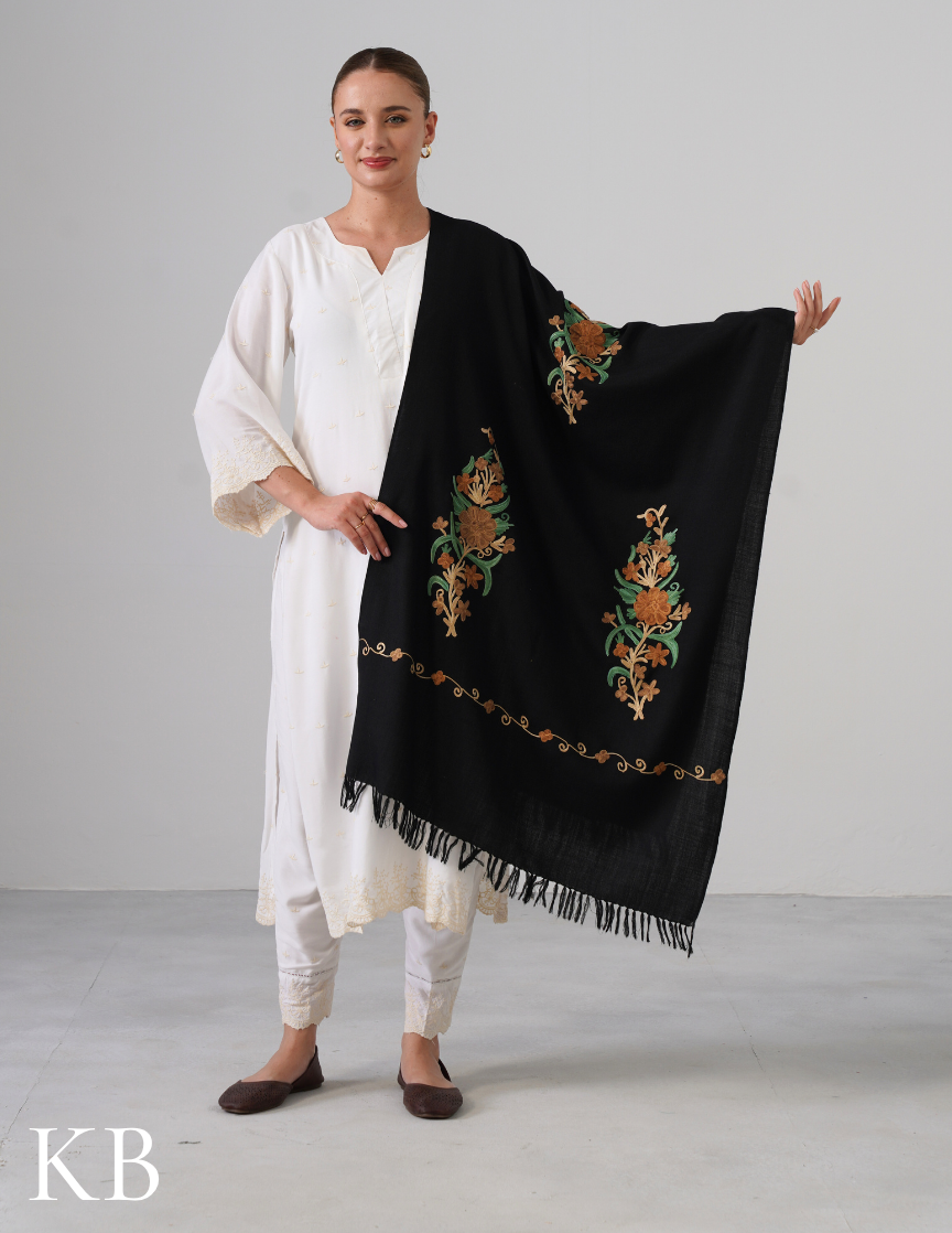 Black Woollen Stole with Golden Brown & Green Aari Work | Elegant Kashmiri Detailing - Kashmir Box