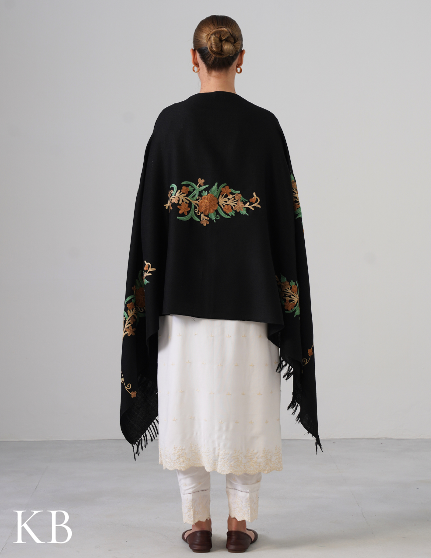 Black Woollen Stole with Golden Brown & Green Aari Work | Elegant Kashmiri Detailing - Kashmir Box