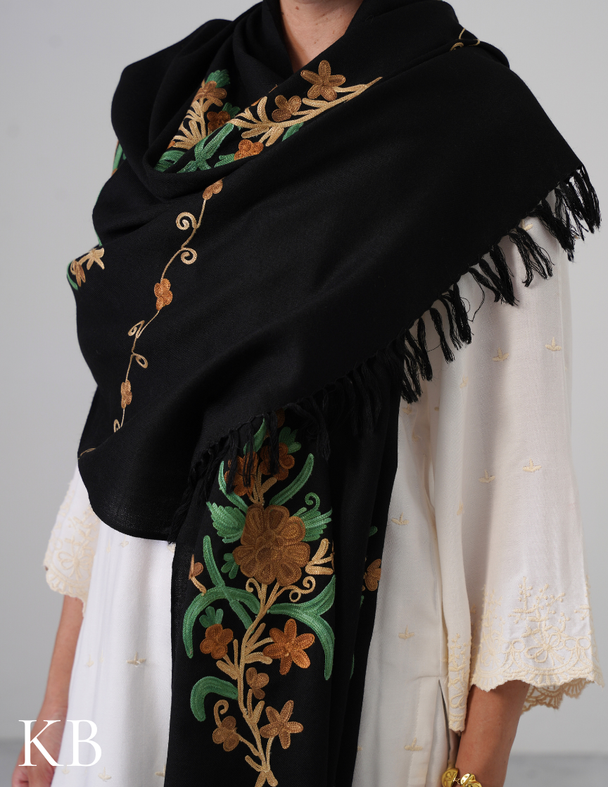 Black Woollen Stole with Golden Brown & Green Aari Work | Elegant Kashmiri Detailing - Kashmir Box