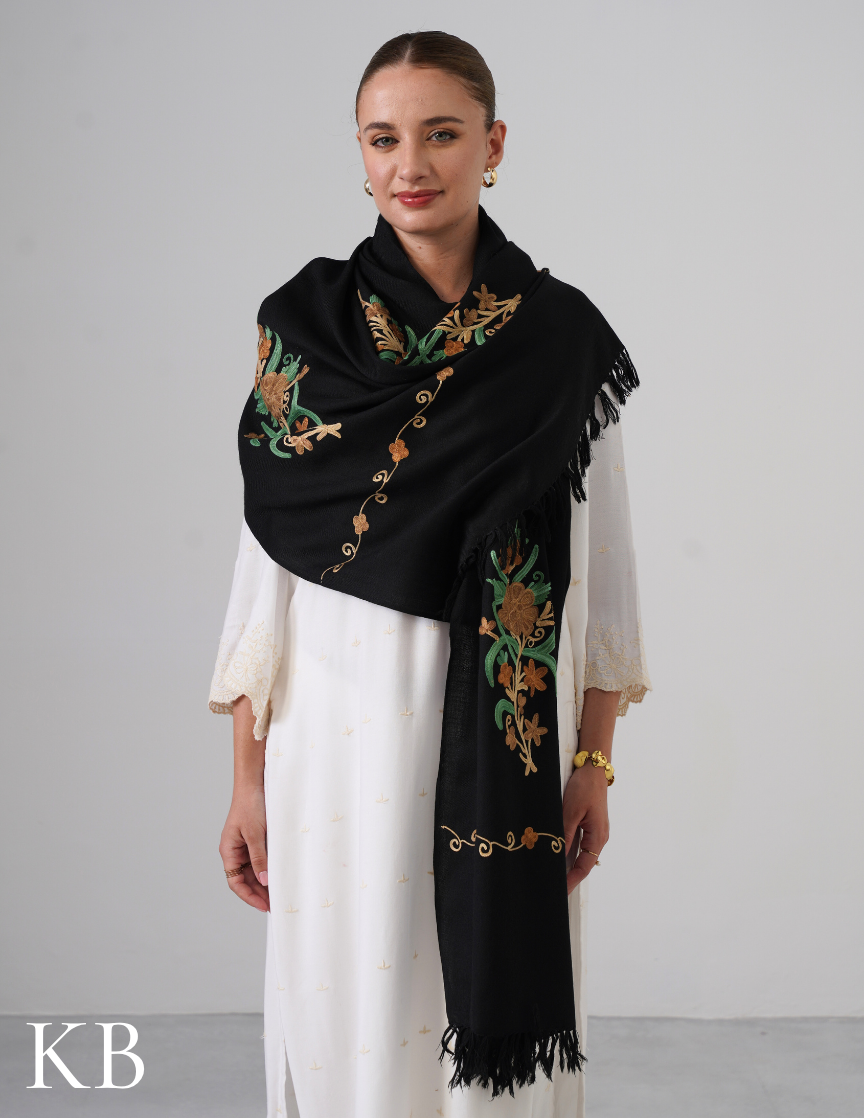 Black Woollen Stole with Golden Brown & Green Aari Work | Elegant Kashmiri Detailing - Kashmir Box