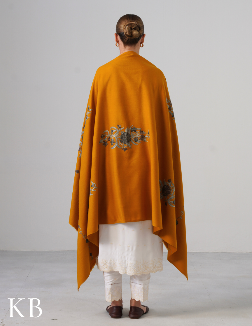 Mustard Woollen Shawl with Shades of Grey Aari Embroidery | Everyday Kashmiri Art - Kashmir Box