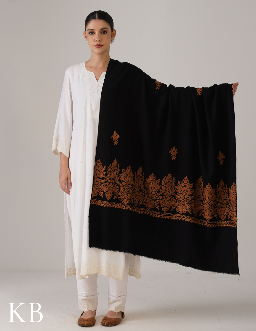 Black Woollen Shawl with Golden Brown Aari Work | Everyday Kashmiri Elegance - Kashmir Box